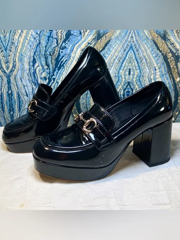 H&M Black Patent Loafers Chunky Block Heel Whimsy Goth Dark Academia 90s Y2K 8 - Image 3