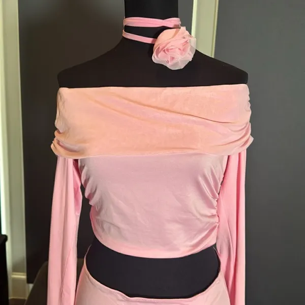Pink 2 Piece Set Off the Shoulder Long Sleeve Crop Top & Skirt Size L NEW - Image 3