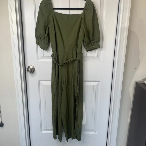 Gal Meets Glam‎ Anthropologie linen green puff sleeves jumpsuit size 6 vacation - Image 3