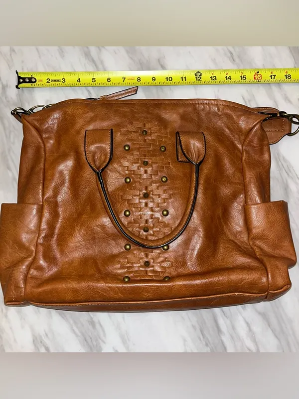 Steve Madden Brown Faux Leather Satchel Crossbody Bag Studded Boho Tote - Image 10