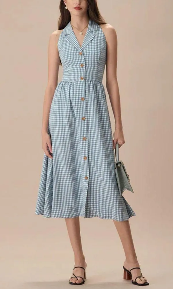 Rihoas Blue Lapel Plaid Sleeveless Shirt Midi Dress - Image 4