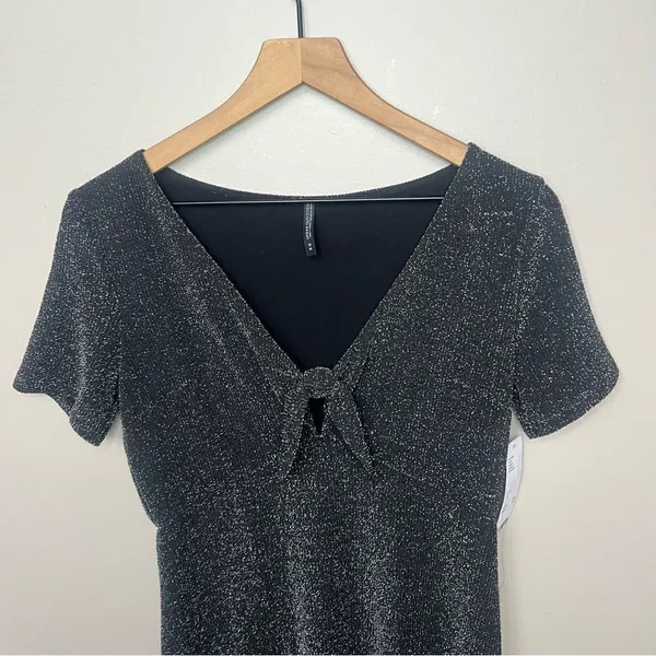 Urban Outfitters NWT Sparkly Tie Front Black Short Sleeve Dress Size Medium - Image 4