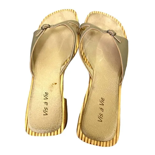 Retro Vis a Vie Gold Leather Wood Slide Sandals Size 9 - Image 3