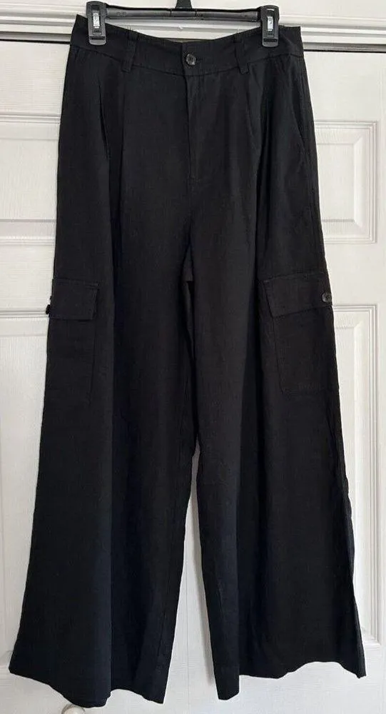Madewell Womens Wide Leg Linen Blend Cargo Pants in True Black Size 6 - Image 3