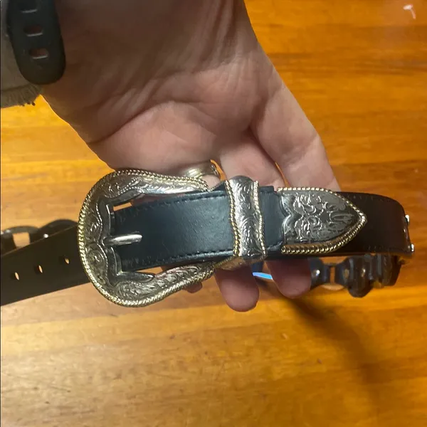 Black Leather Belt with Silver Buckle - Image 2