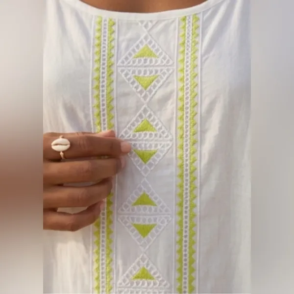 Silky Embroidered Boho Slip Dress Size M Coastal Lime Geometric Mini Size Medium - Image 4