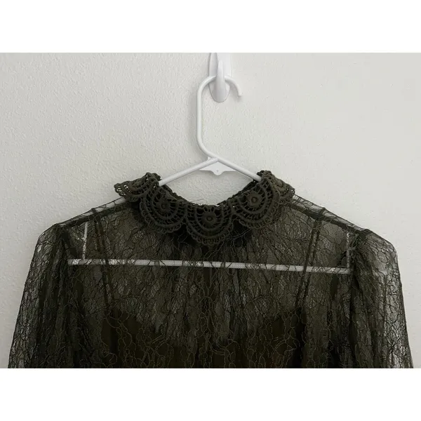 Alice + Olivia Moss Green Bell-Sleeve Crochet Collared Top Boho Fairy Grunge Witchy Ethereal - Image 8