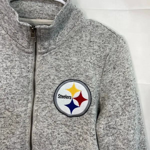 OTS women's gray Pittsburgh Steelers NFL embroidered knit mock‎ neck jacket zip - Image 2