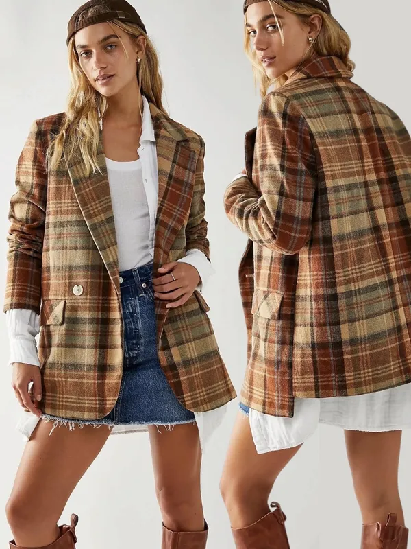 Free People Wool Mari Tartan Plaid Blazer Winter Wheat Large Dark Academia - Image 2