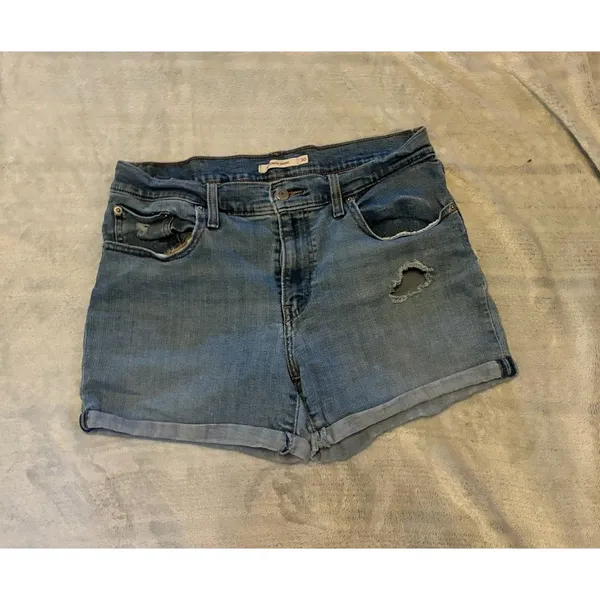 Levi Strauss Mid Length Blue Denim Women's Shorts - Casual Rolled Hem Size 30 - Image 2