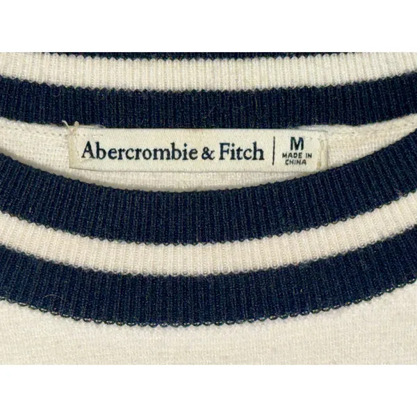 Abercrombie & Fitch Cream Striped Knit Cropped Varsity Short Sleeve Sweater Sz M - Image 3