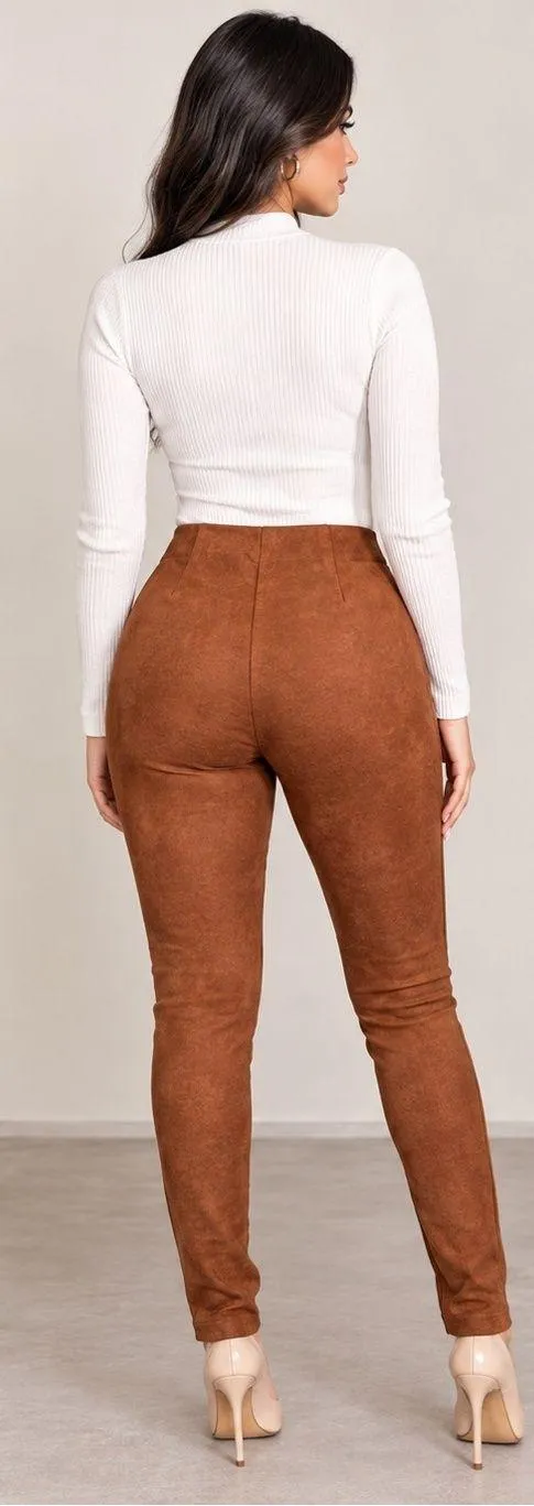 High-Rise Faux Suede Skinny Pants — Cognac - Image 2