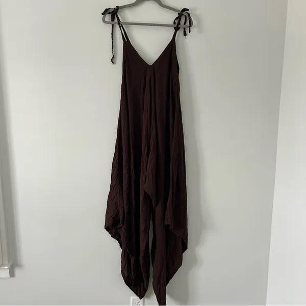 Bagus Brown Lagenlook Style Wide Leg V Neck Boho Casual Jumpsuit Tie Straps OS - Image 3