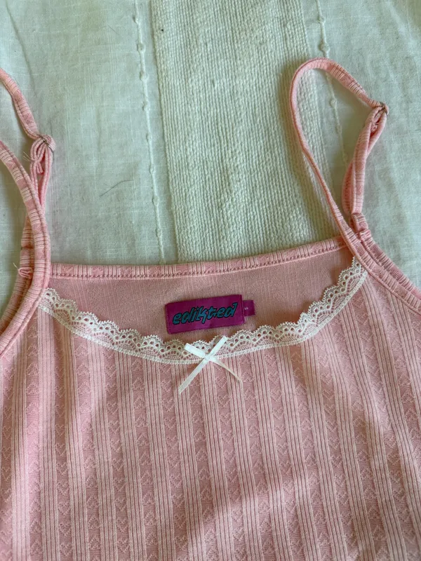 Edikted Irene Pointelle tank top light pink cropped with white bow NWOT - Image 2