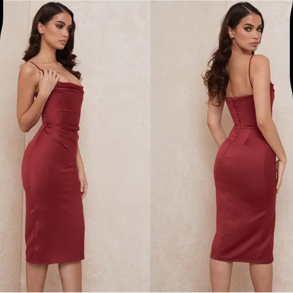NWOT HOUSE OF CB Anja Wine Satin Corset Midi Dress sz XS - Image 3