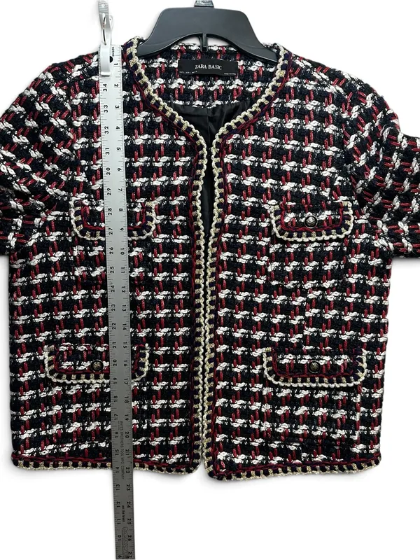 Zara Basic Tweed Bouclé Jacket Women’s L Red Black White Gold Trim Blazer - Image 7