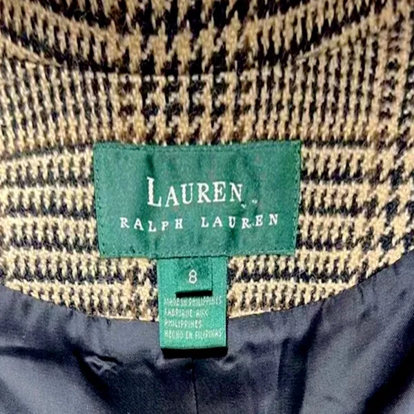 RALPH LAUREN Black Brown Houndstooth Plaid Single Breasted 4 Button Front Blazer - Image 3