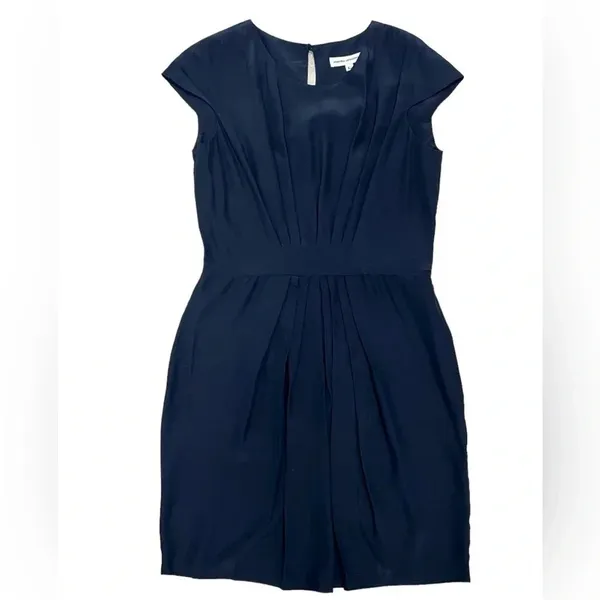Amanda Uprichard Silk Cap Sleeve Pleated Shift Mini Dress Navy Blue Size L NEW - Image 2