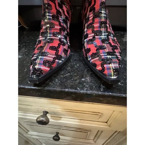 Betsey Johnson Women's Pamella Red/Black Plaid Sequin Knee High Boots Size 7.5 - Image 7