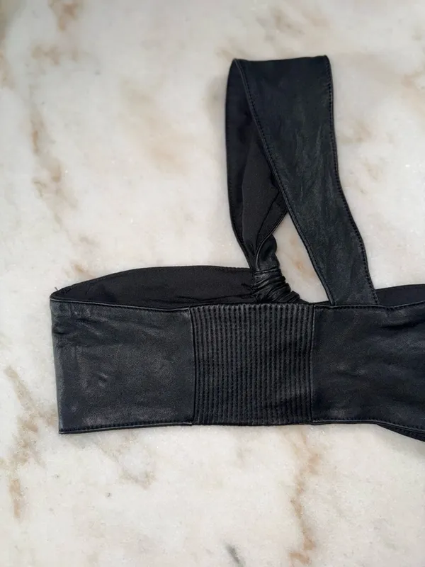 ZARA Black Leather One Shoulder Knot Crop Top Lambskin Stretch Band Small EUC - Image 4