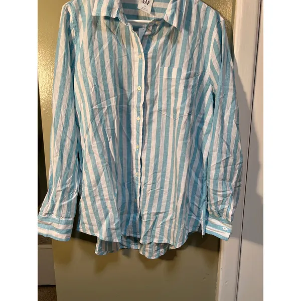 Gap Womens Sz Medium Linen Blend Easy Shirt Button Down Teal White Stripe Pocket - Image 5