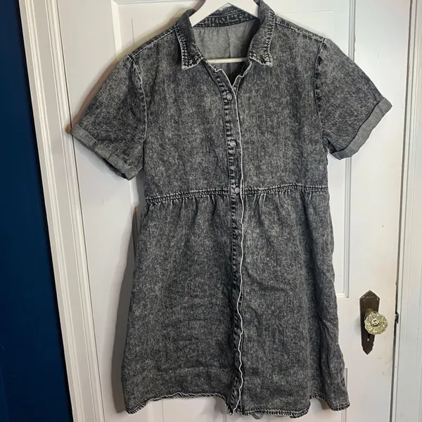 Charcoal Gray Black Acid Wash Button-down Short-sleeve Babydoll Dress W-672 Sz S - Image 3