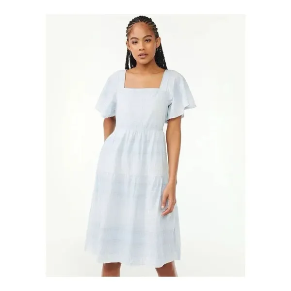 Free Assembly Women’s Tiered Midi dress light blue plaid size M elastic back flu - Image 2