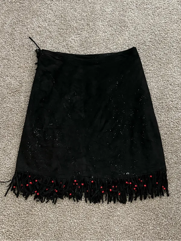 Vintage Black Suede Fringe Red Bead Western Wrap Midi Skirt L XL Cowgirl - Image 7