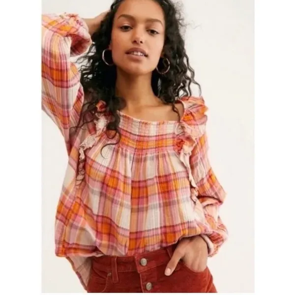NWT Free People Sienna Plaid Ruffle Long Sleeve Blouse Women's S Prairie‎ Chic - Image 4