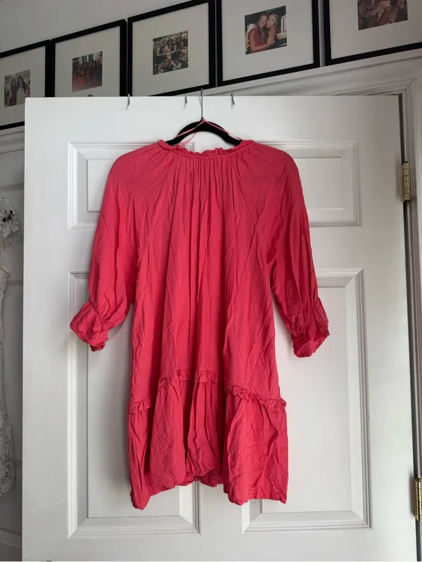 Midi-Length Pink Peasant Dress with Ruffled Tier Detail - Image 2