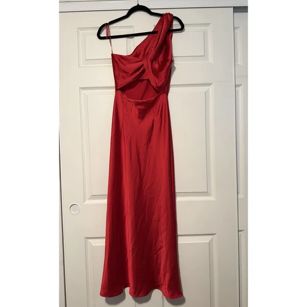 Zara Red Asymmetrical One Shoulder Satin Gown Maxi Dress Formal Grecian Holiday - Image 4