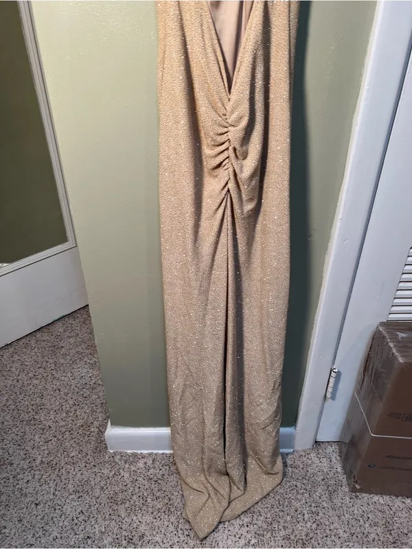 Vintage Bari Jay Women's Maxi Dress Halter V-Neck Cinched Beige‎ Gold Glitter - Image 8