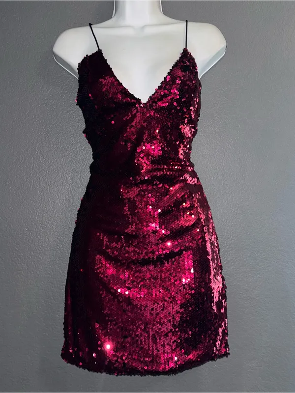 Lulus Women's Pink Sequin Spaghetti Strap Mini V-Neck Sexy Dress Small - Image 5