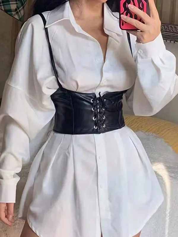 Black Lace Up Corset Style‎ Faux Leather Belt Waist Cincher One Size - Image 9