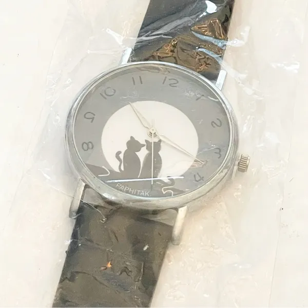 Stainless Steel Black Leather Cat Kitten Big‎ Head Adjustable Watch NEW - Image 3