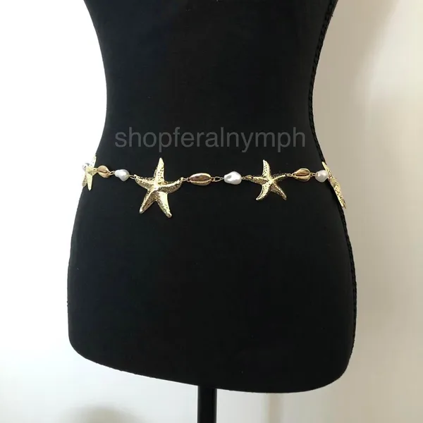 Y2K Mermaidcore Gold Starfish Shell Chain Belt, Fits 24–38 Inches, X7GA1157 - Image 2