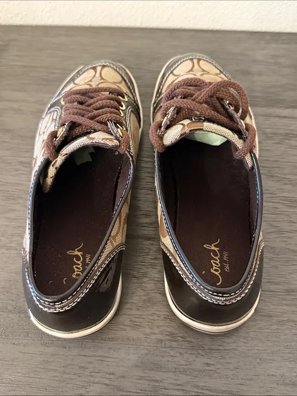 Coach Signature C Jacquard Patent Leather Low Top Sneakers Brown Khaki Size 7 - Image 6