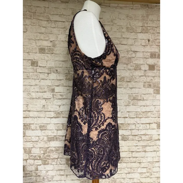 Free People Night Shimmer Sequin Mini Dress Purple Lace Nude Slip Size 0 $108.00 - Image 5
