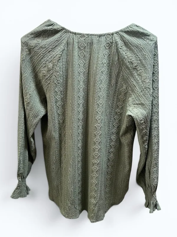 Frye Textured Long Sleeve Peasant Blouse Boho Western Eyelet top green sage Med - Image 4