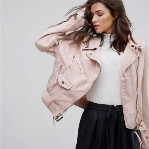 Free People Oversized Rose Moto Denim Jacket - Image 2