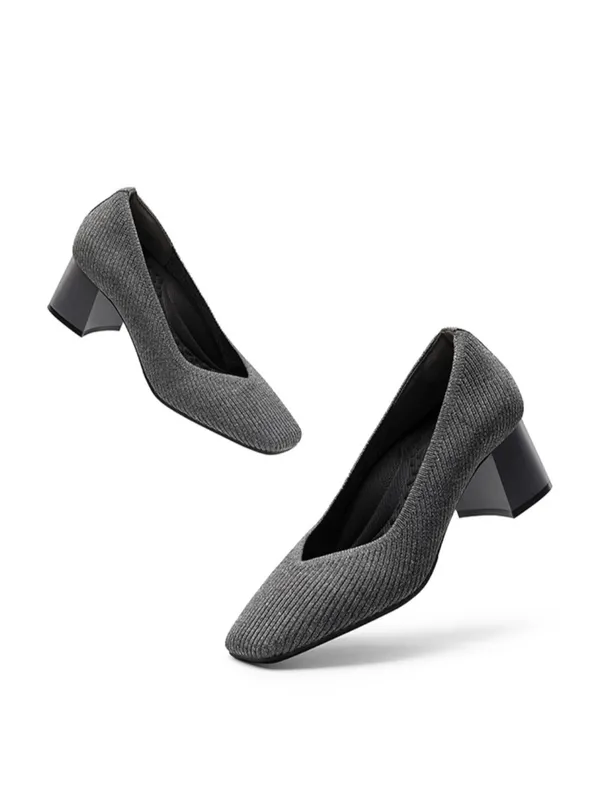 Burudani Flower Gray Knit Block Heel Pumps - Sleek Everyday Dress Shoes - Image 5