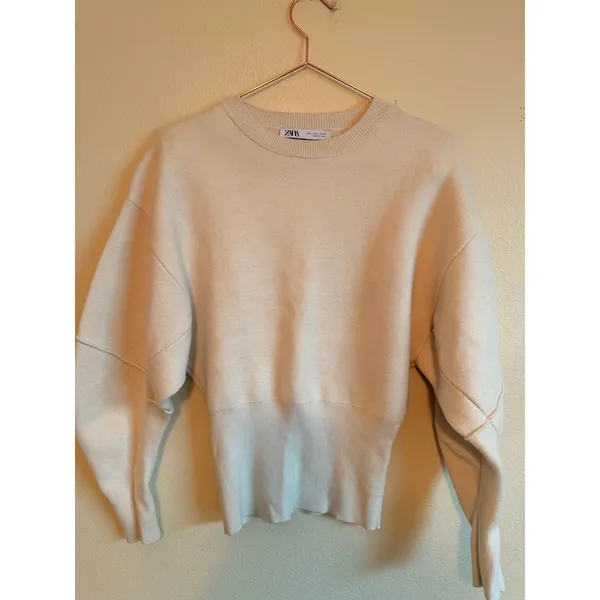 Zara Sweater Womens Small Cream Balloon Sleeve Cropped Ribbed‎ Knit Pullover - Image 5