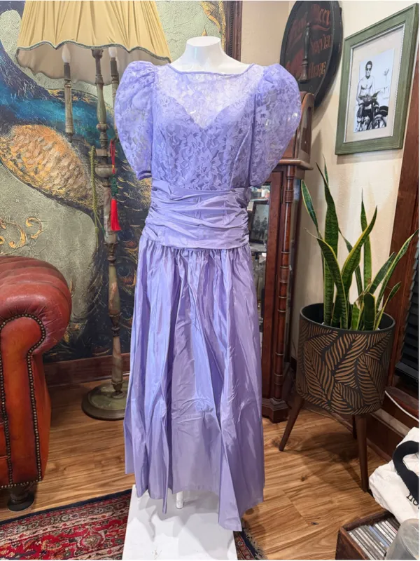 Vintage 80s Lavender Taffeta Lace Midi Prom Dress ILGWU 14 - Image 3