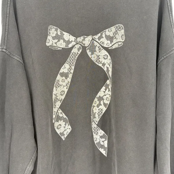 Aerie Lace Ribbon Bow Sweatshirt Charcoal Gray Oversized Keyhole Back Medium - Image 4