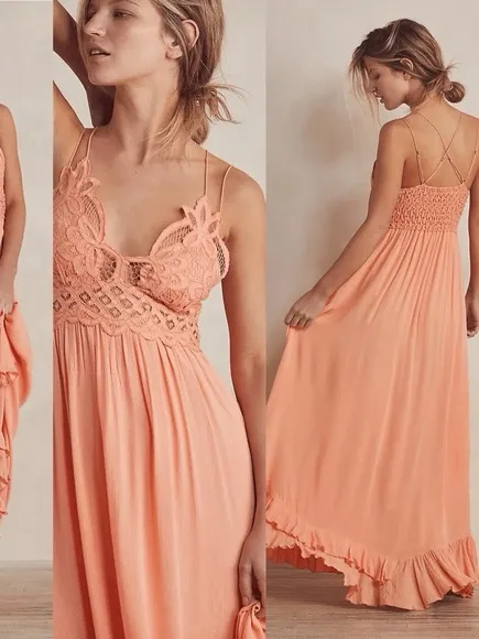Free People One Women’s Adella Maxi Slip Dress Crochet Lace in Orange M - Image 3