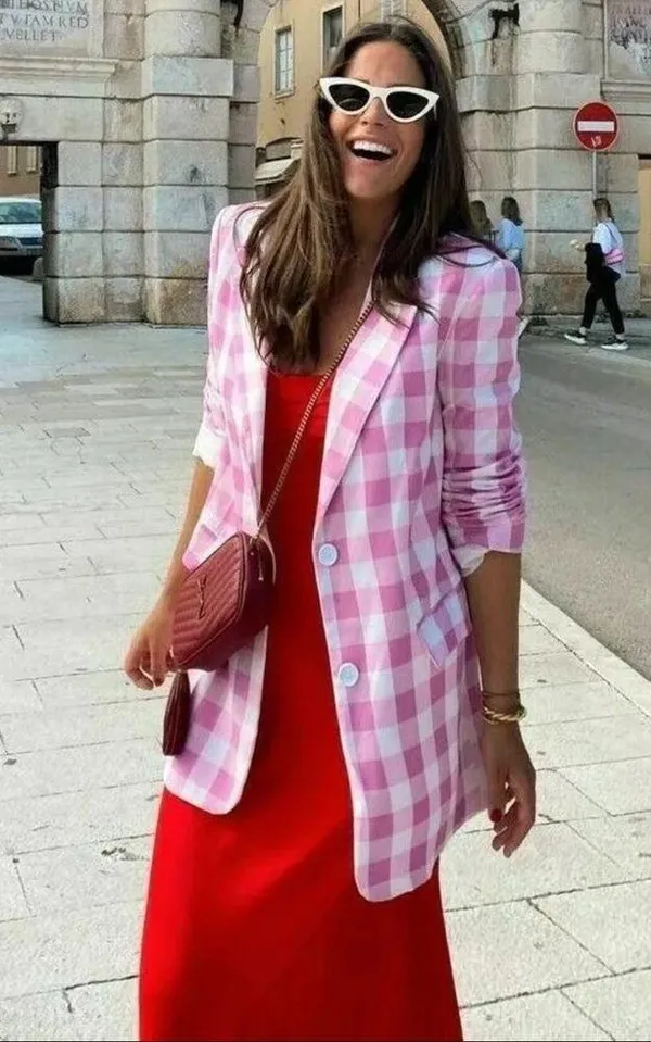 Zara Oversized Gingham Print Blazer Jacket Pink/White Size XS NEW - Image 3