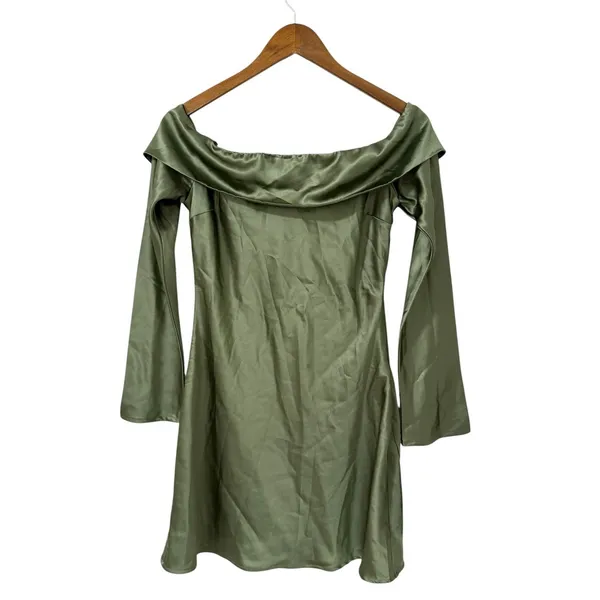 Lulus Luxurious Vision Olive Green Satin Off-the-Shoulder Mini Dress size L NWT - Image 5