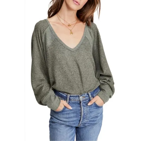 Free People We The Free Santa Clara Thermal Top Olive Green Waffle Knit Medium - Image 2