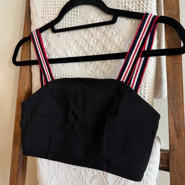 NWOT Urban Outfitters Black Cropped Top with Black, White & Red Striped Straps - Image 2