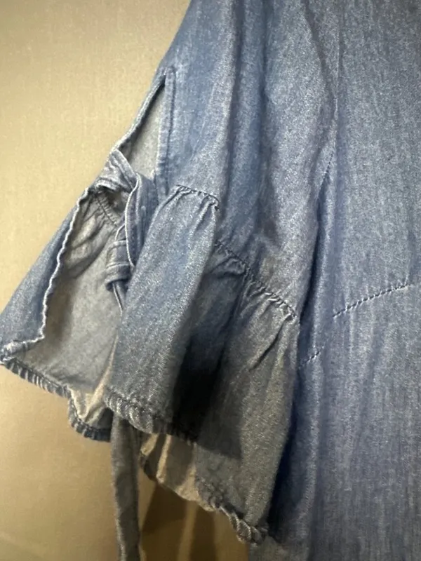 J Crew Womens Medium Chambray Shift Dress Ruffle Tie Sleeve V Neck Blue - Image 2